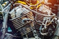 Close up of an engine of old retro classic motorcycle ready for restoration. Royalty Free Stock Photo