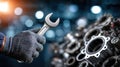 close-up engineer hand holding wrench with engine components in background and metallic reflection lighting. concept of mechanical Royalty Free Stock Photo