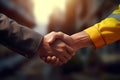 Close up of engineer and worker shaking hands on construction site background - Ai Generated Royalty Free Stock Photo