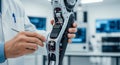 Close-up of engineer working on high-tech prosthetic limb in a lab setting. concept of advanced technology, human-machine Royalty Free Stock Photo