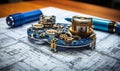 Close-up of engineering drafting tools with a blue pencil on mechanical blueprint highlighting precision in technical drawing and Royalty Free Stock Photo