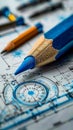 Close-up of engineering drafting tools with a blue pencil on mechanical blueprint highlighting precision in technical drawing and Royalty Free Stock Photo