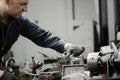 Close up engineering industrial worker is working on metal work factory process