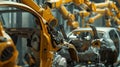 Close up of engineers and robots collaborating in realistic car assembly process