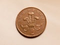 Close up of english two pence brown coin uk currency