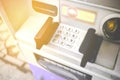 Close-up entering PIN numbers buttons ATM on bank machine . Concept of insecure strangers ,  online payments  , robbery and scam Royalty Free Stock Photo