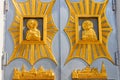 Close-up of entrance door decorated with gilded icons in Trinity cathedral of Holy Trinity-Saint Seraphim-Diveyevo Monastery