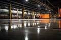 close up on the epoxy floor in a big, empty, dark, industrial-looking storage area Generative Ai Royalty Free Stock Photo