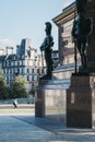 Close up of equestrian statue of the Duke of Wellington, London, UK, people walk on background