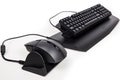 close-up of ergonomic keyboard, with wrist support and integrated mouse