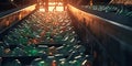 Close-up of Escalator with a pile of plastic bottles at the factory for processing and recycling. Recycling plant