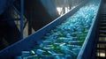 Close-up of Escalator with a pile of plastic bottles at the factory for processing and recycling. Recycling plant