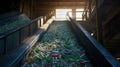 Close-up of Escalator with a pile of plastic bottles at the factory for processing and recycling. Recycling plant Royalty Free Stock Photo