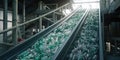 Close-up of Escalator with a pile of plastic bottles at the factory for processing and recycling. Recycling plant