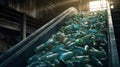 Close-up of Escalator with a pile of plastic bottles at the factory for processing and recycling. Recycling plant