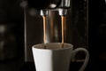 Close-up of espresso from a coffee machine. The coffee machine fills a cup of espresso. White mug in an automatic coffee Royalty Free Stock Photo