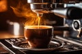 Close-up of espresso machine in action, pouring a freshly brewed steaming cup of rich arabica coffee