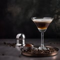 Close up of an Espresso Martini Cocktail based on coffee, liqueur and vodka on a serving tray on a dark grey background. Served in