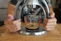 Close-up of espresso pouring from coffee machine Royalty Free Stock Photo