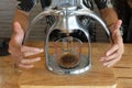 Close-up of espresso pouring from coffee machine Royalty Free Stock Photo