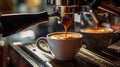 Close-up of espresso pouring from coffee machine. Professional coffee brewing Royalty Free Stock Photo