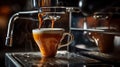 Close-up of espresso pouring from coffee machine. Professional coffee brewing Royalty Free Stock Photo