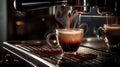 Close-up of espresso pouring from coffee machine. Professional coffee brewing Royalty Free Stock Photo