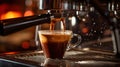 Close-up of espresso pouring from coffee machine. Professional coffee brewing Royalty Free Stock Photo