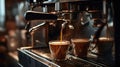 Close-up of espresso pouring from coffee machine. Professional coffee brewing Royalty Free Stock Photo