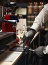 Close-up of espresso pouring from coffee machine. Professional coffee brewing. Focus selection point Royalty Free Stock Photo