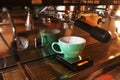 Close-up of espresso pouring from coffee machine. Professional coffee brewing Royalty Free Stock Photo