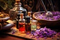 close-up of essential oils and incense for relaxation