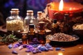 close-up of essential oils and incense for relaxation