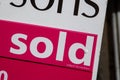 a close up of an estate agent or realtors sold sign Royalty Free Stock Photo