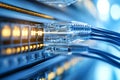 Close up of Ethernet cables with clear connectors plugged into a network switch representing organized digital infrastructure a