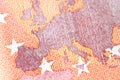 Close-up of a 10 euro banknote fragment with the map of Europe. Macro photography. Royalty Free Stock Photo