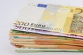 Close up of euro banknotes. Euro stack on white. A bundle of money