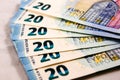 Close up of 20 Euro cash notes Royalty Free Stock Photo