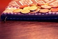 Close up of Euro coins on fabric wallet. Royalty Free Stock Photo
