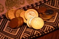 Close up of Euro coins on fabric wallet. Royalty Free Stock Photo