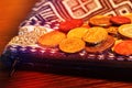 Close up of Euro coins on fabric wallet. Royalty Free Stock Photo