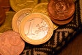 Close up of Euro coins on fabric wallet. Royalty Free Stock Photo