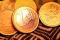 Close up of Euro coins on fabric wallet. Royalty Free Stock Photo