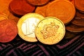 Close up of Euro coins on fabric wallet. Royalty Free Stock Photo