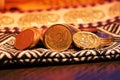 Close up of Euro coins on fabric wallet. Royalty Free Stock Photo