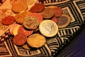 Close up of Euro coins on fabric wallet. Royalty Free Stock Photo