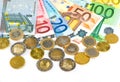 Close-up of euro currency. coins and banknotes Royalty Free Stock Photo