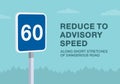 Close-up of european advisory speed sign. Reduce to advisory speed along short stretches of dangerous road.