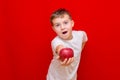 Caucasian boy kid child schoolboy apple gives in front red in his hands Royalty Free Stock Photo