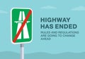 Close-up of european end of highway sign. Rules and regulations are going to change ahead.